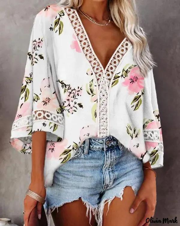 Olivia Mark – Floral Print Contrast Lace Bell Sleeve Blouse Product Image