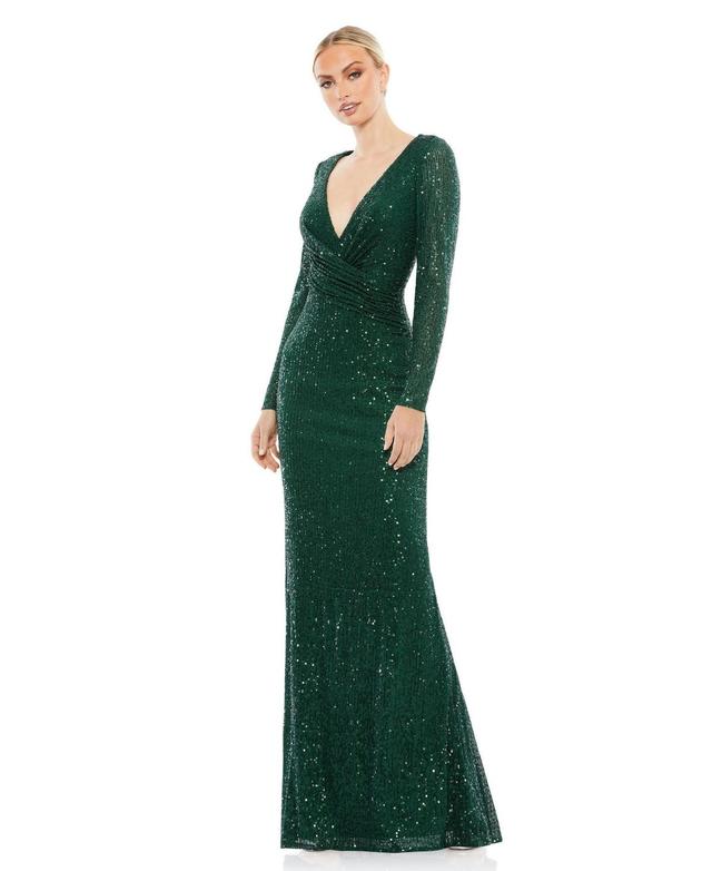 Mac Duggal Womens Ieena Sequined Faux Wrap Long Sleeve Column Gown Product Image