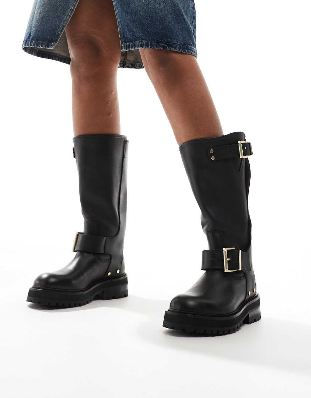 AllSaints Tay leather buckle biker boots in black Product Image