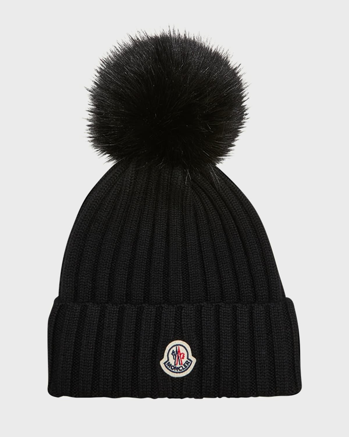 Ribbed Wool Beanie with Faux Fur Pom product image