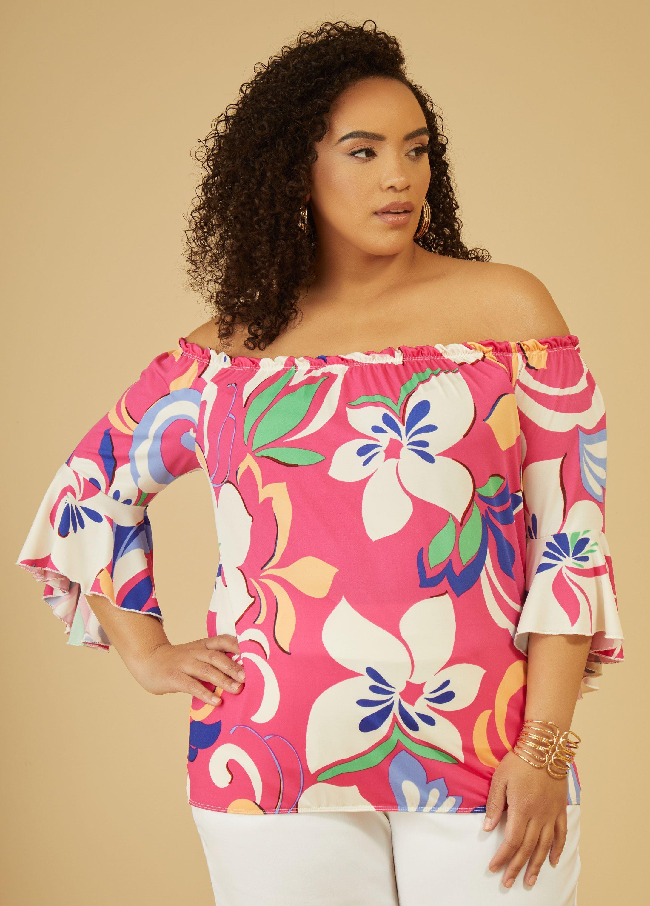 Plus Size Floral Print Off The Shoulder Top Ashley Stewart Product Image