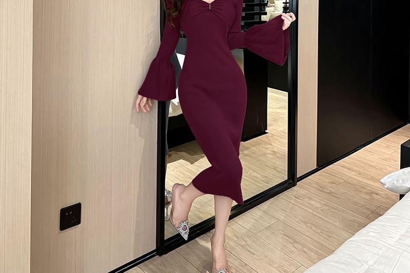 Flare-Sleeve V-Neck Plain Knit Midi Sheath Dress Product Image