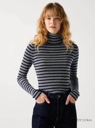 Womens Merino Ribbed Turtleneck Sweater Striped Gray XL UNIQLO US Product Image