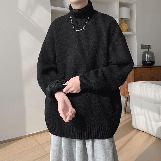 Long-Sleeve Turtleneck Plain Sweater Product Image