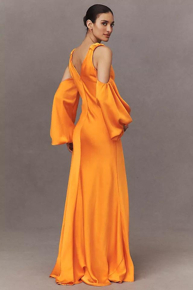 Halston Binnie V-Neck Puff-Sleeve Satin Mermaid Gown Product Image