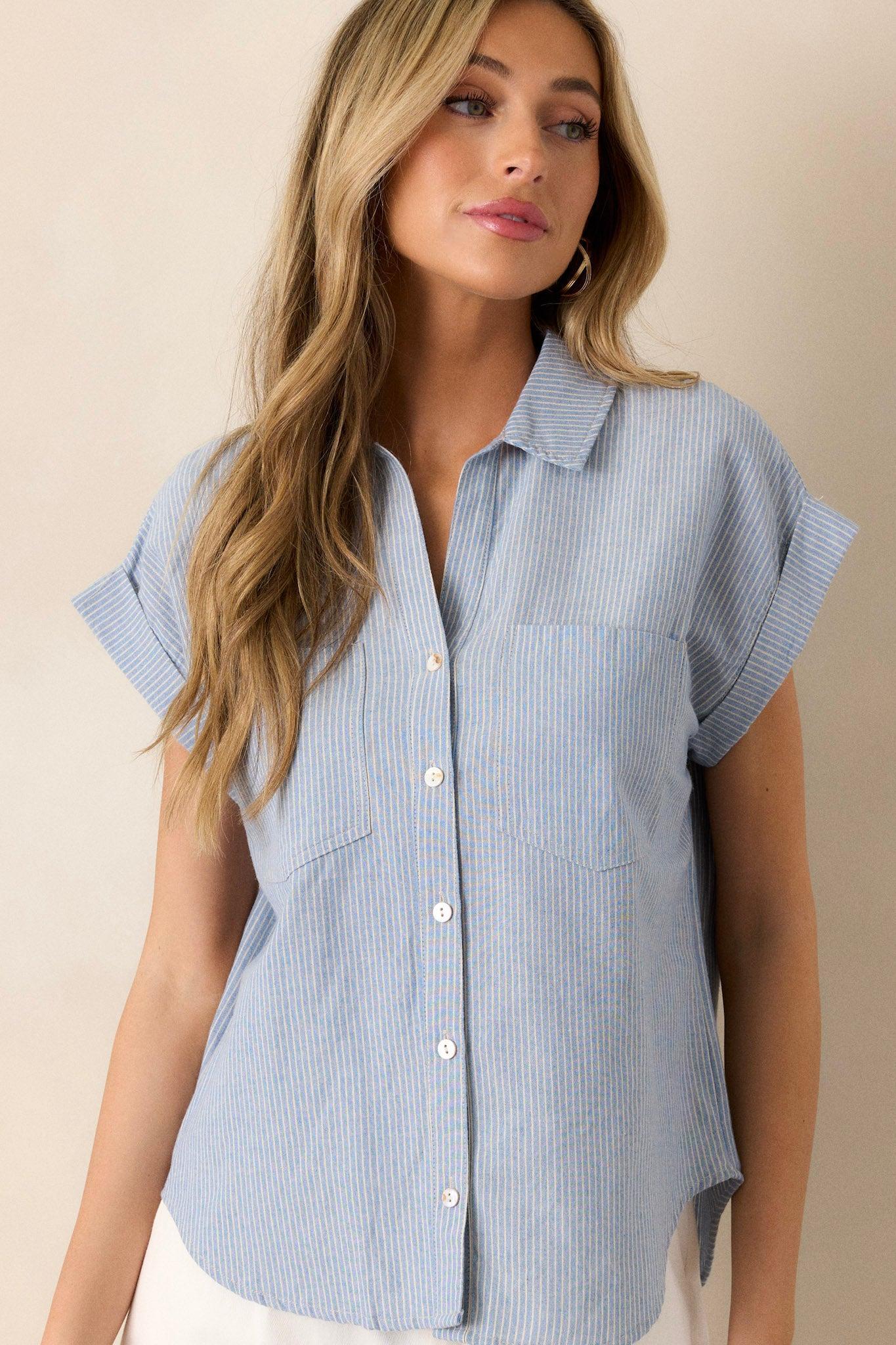 Know The One Light Blue Striped Button Front Top Product Image