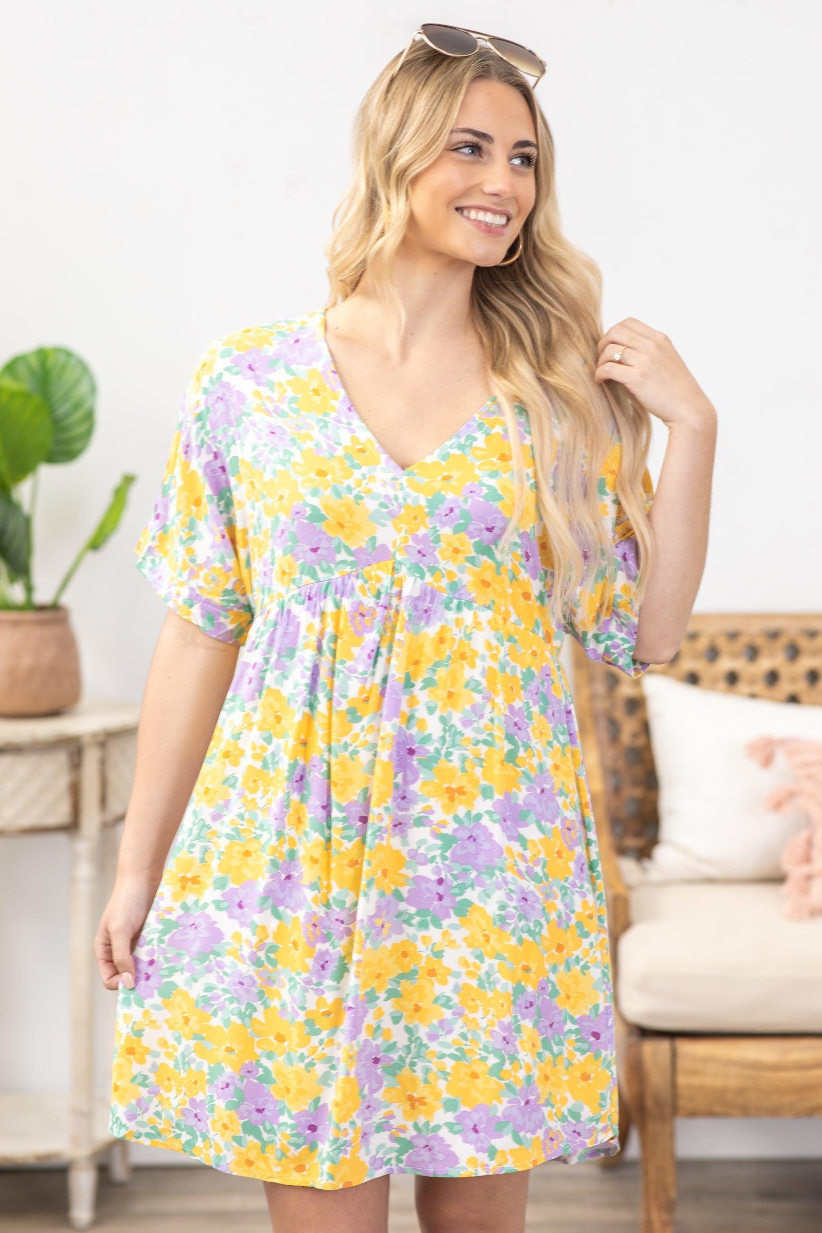 Lavender And Yellow Floral V-Neck Dress Product Image