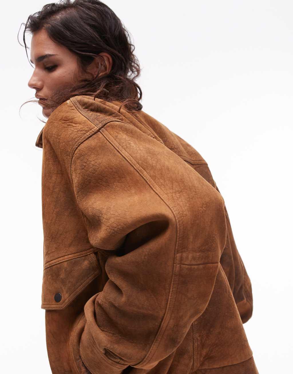 Topshop premium real suede oversized bomber jacket in tan Product Image