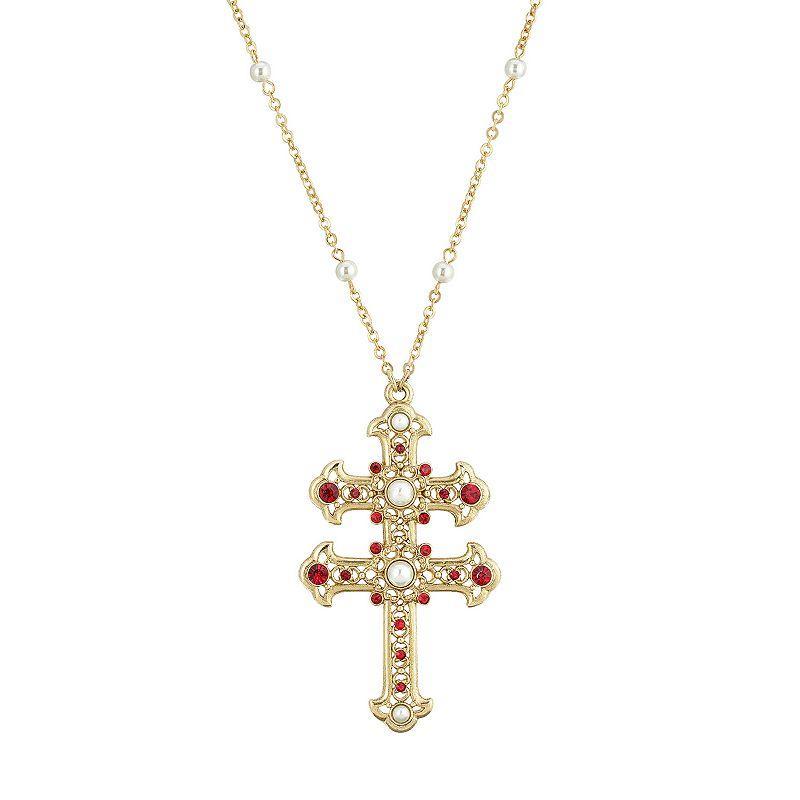 1928 Gold Tone Simulated Pearl & Simulated Crystal Double Cross Pendant Necklace, Womens, Red Product Image