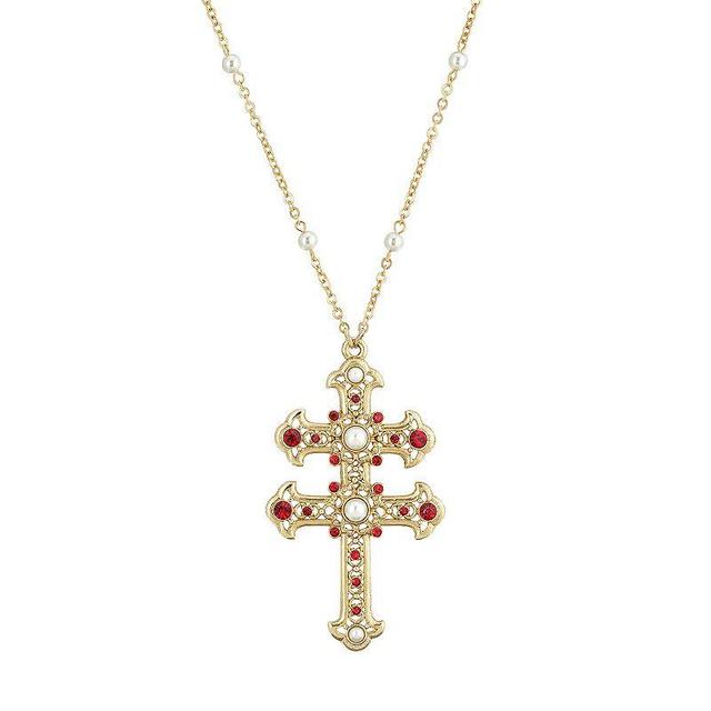 1928 Gold Tone Simulated Pearl & Simulated Crystal Double Cross Pendant Necklace, Womens, Red Product Image