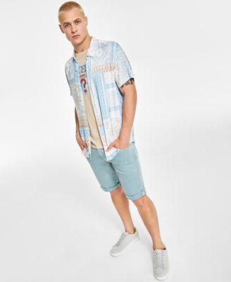 Guess Mens Patchwork Button Down Shirt Mosaic Triangle Logo Graphic T Shirt Regular Fit Stretch Denim Shorts Product Image