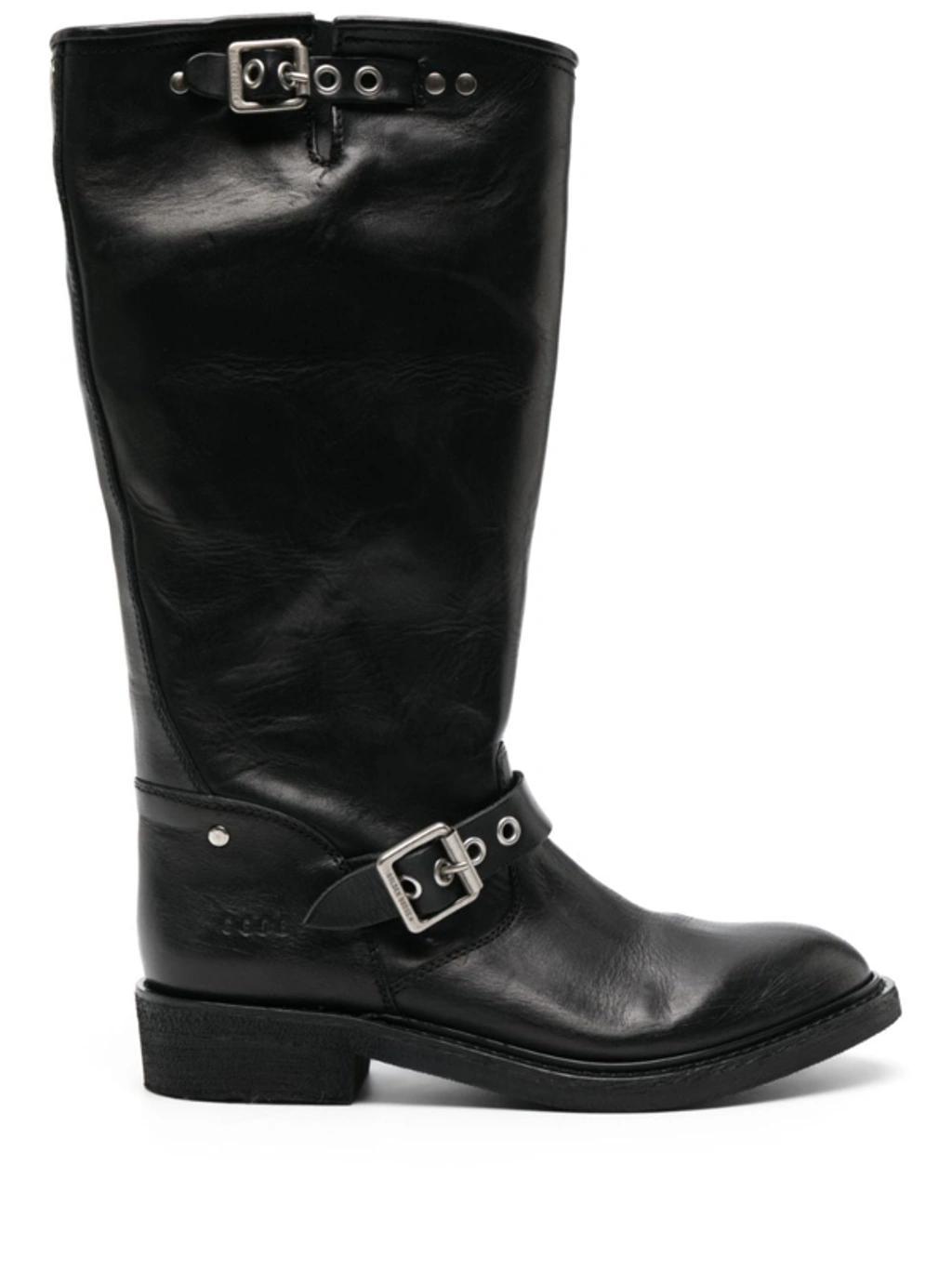 Biker High Low Heels Boots In Black Leather Product Image