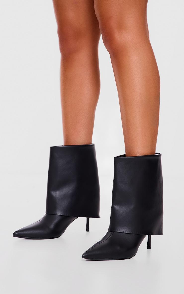 Black PU Point Toe Fold Over Low Heeled Ankle Boots Product Image