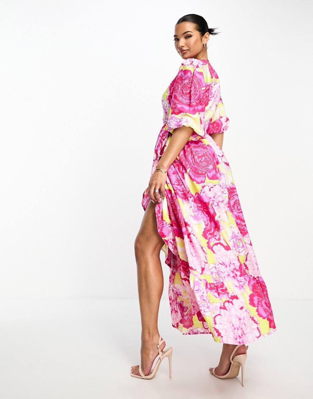 Something New wrap maxi dress in neon rose print product image