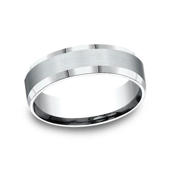 Men's 6.0mm Satin Finish Beveled Edge Comfort-Fit Wedding Band in 10K White Gold Product Image