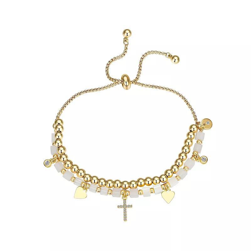 Love This Life 14k Gold Plated Cubic Zirconia Cross & Heart Beaded Adjustable Bracelet, Womens Gold Tone Product Image