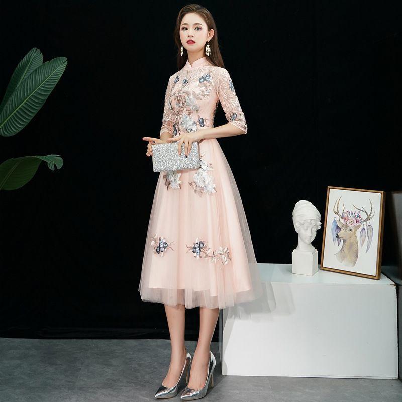 Elbow-Sleeve Floral Embroidered A-Line Evening Gown / Cocktail Dress Product Image