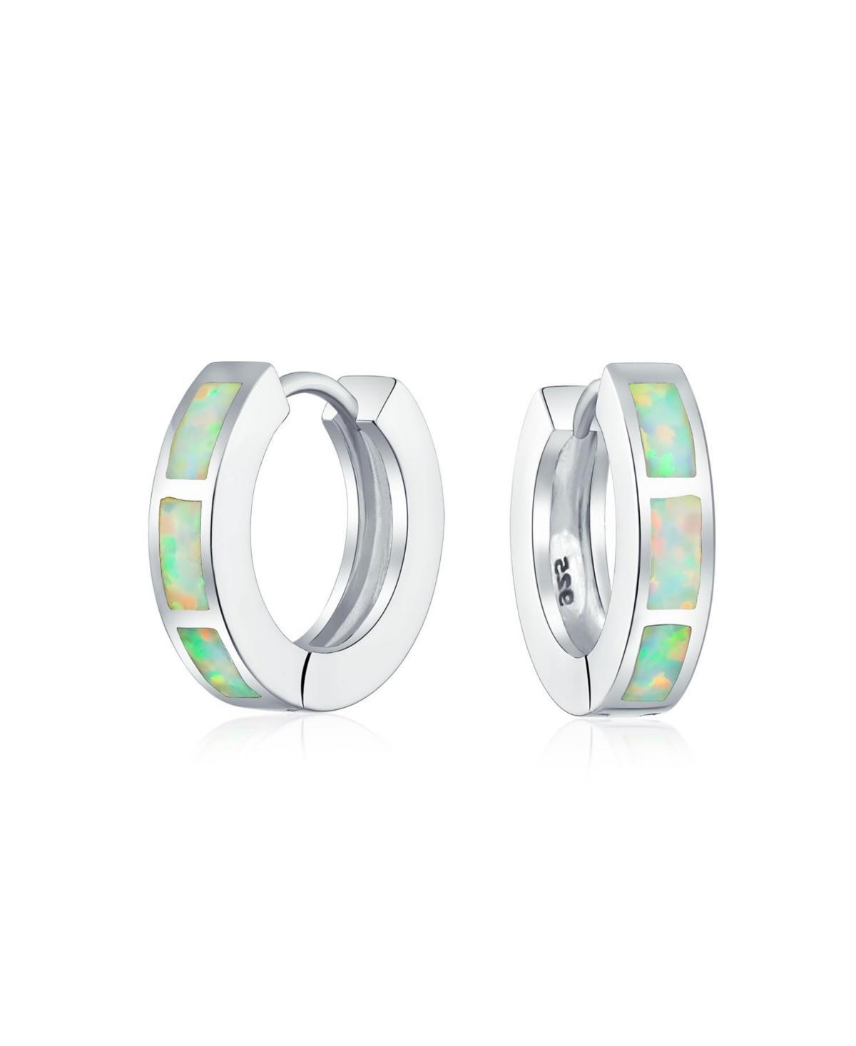 Bling Jewelry White Synthetic Opal Inlay Iridescent Huggie Hoop Earrings For Women Sterling Silver Product Image