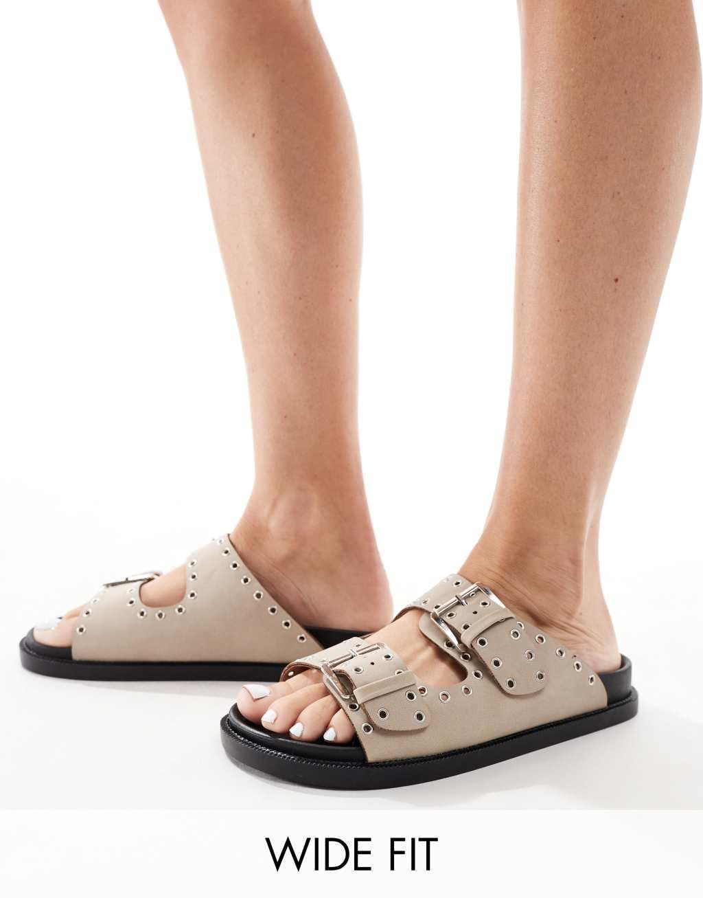 Truffle Collection wide fit double strap studded footbed sandal in taupe Product Image