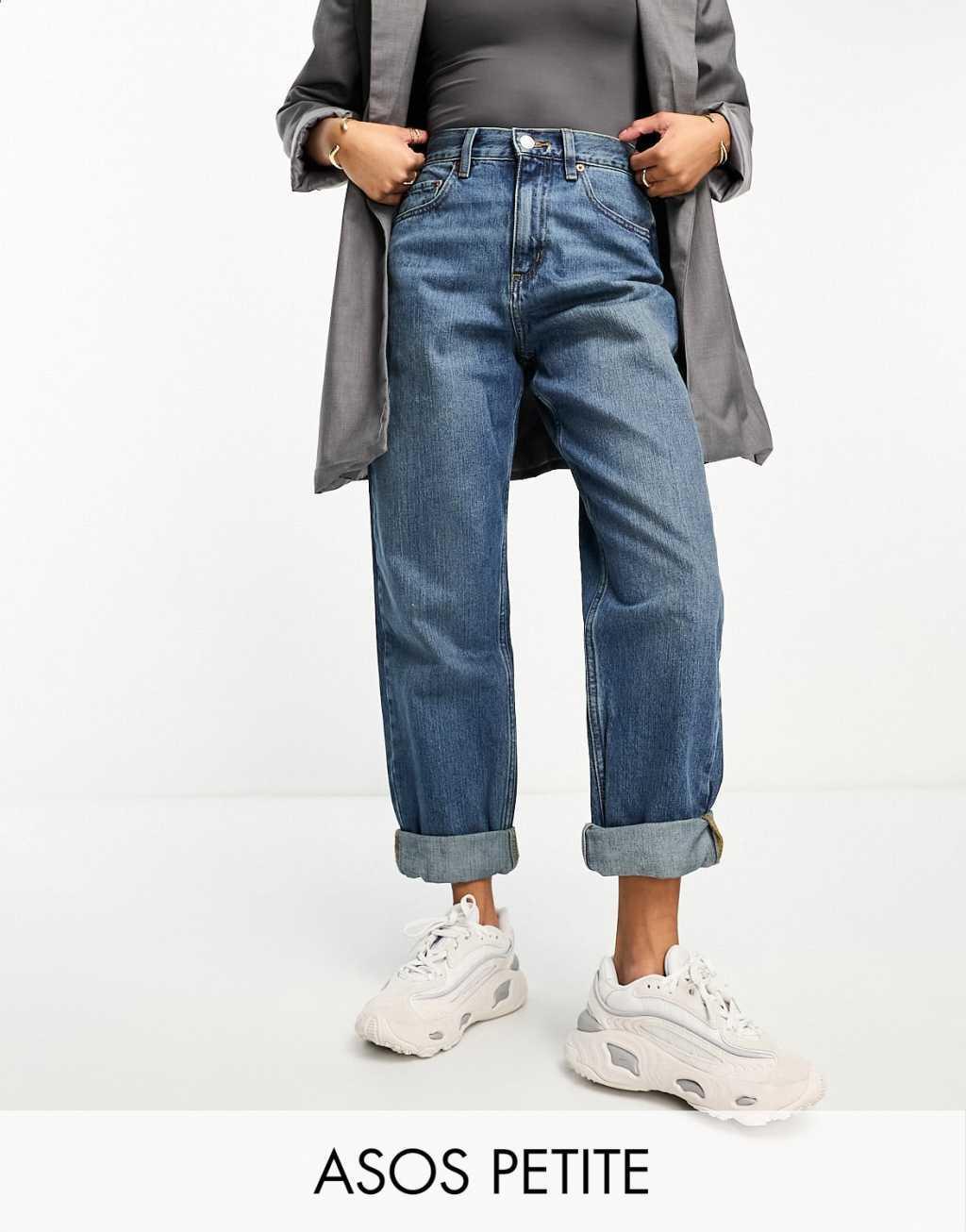 ASOS DESIGN Petite slouchy mom jeans in mid blue  Product Image