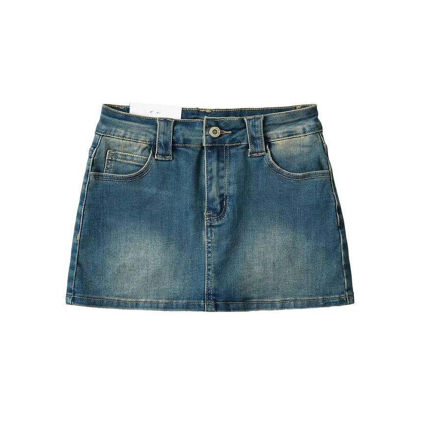 Mid Waist Washed Mini Pencil Denim Skirt Product Image