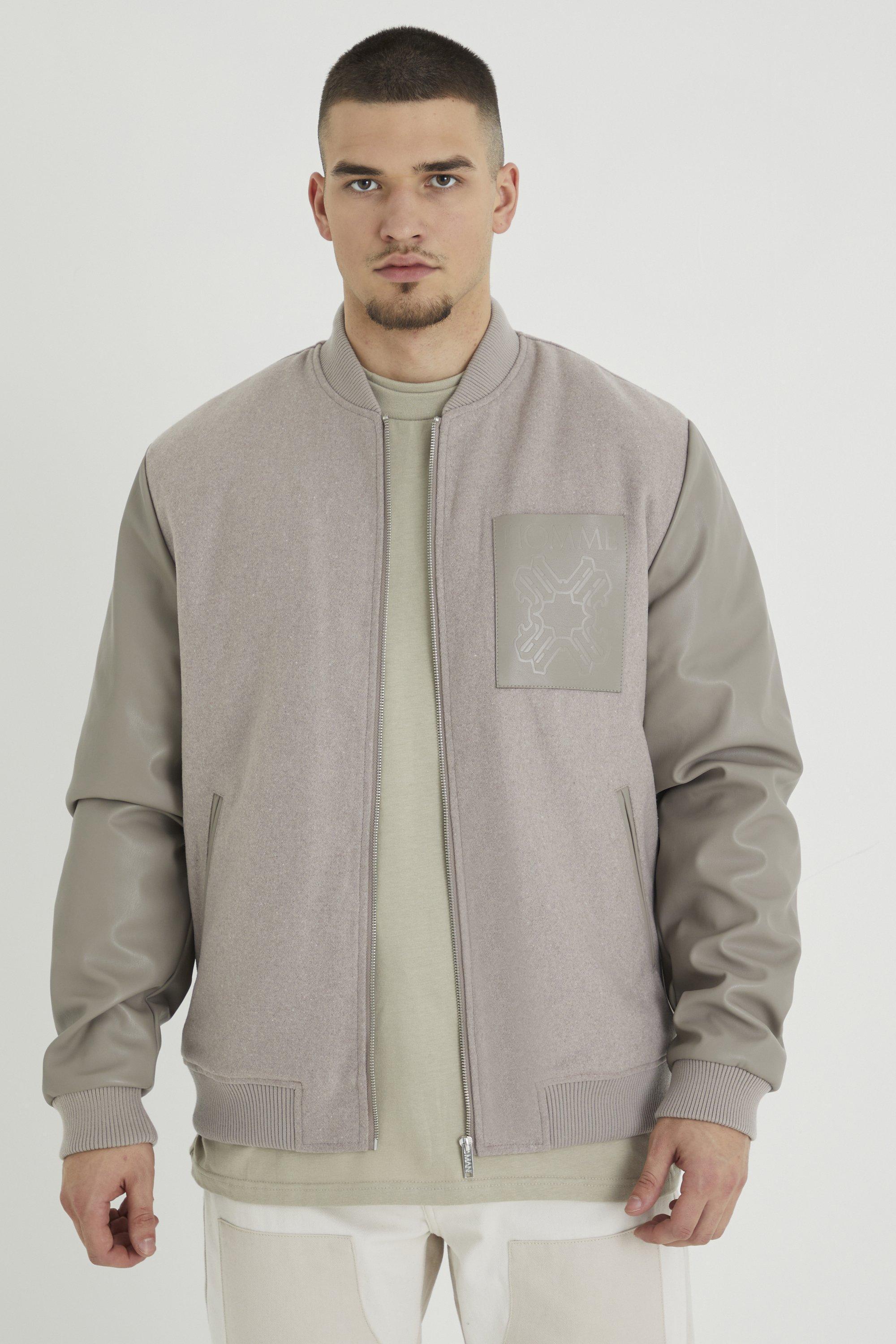 Tall Regular Fit Melton & Pu Patch Bomber | boohooMAN USA Product Image