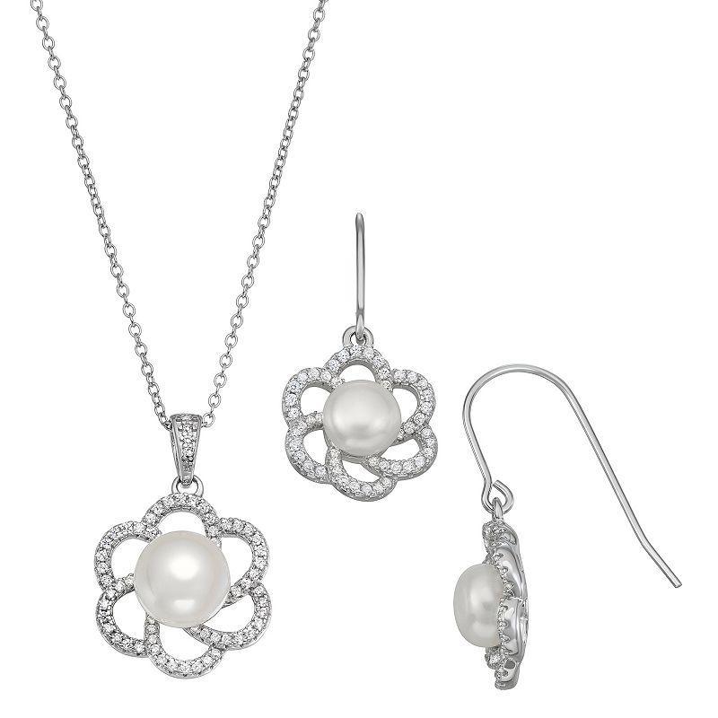 Sterling Silver Freshwater Cultured Pearl & Cubic Zirconia Flower Pendant & Earring Set, Womens Product Image