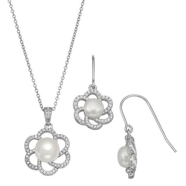 Sterling Silver Freshwater Cultured Pearl & Cubic Zirconia Flower Pendant & Earring Set, Womens White Product Image