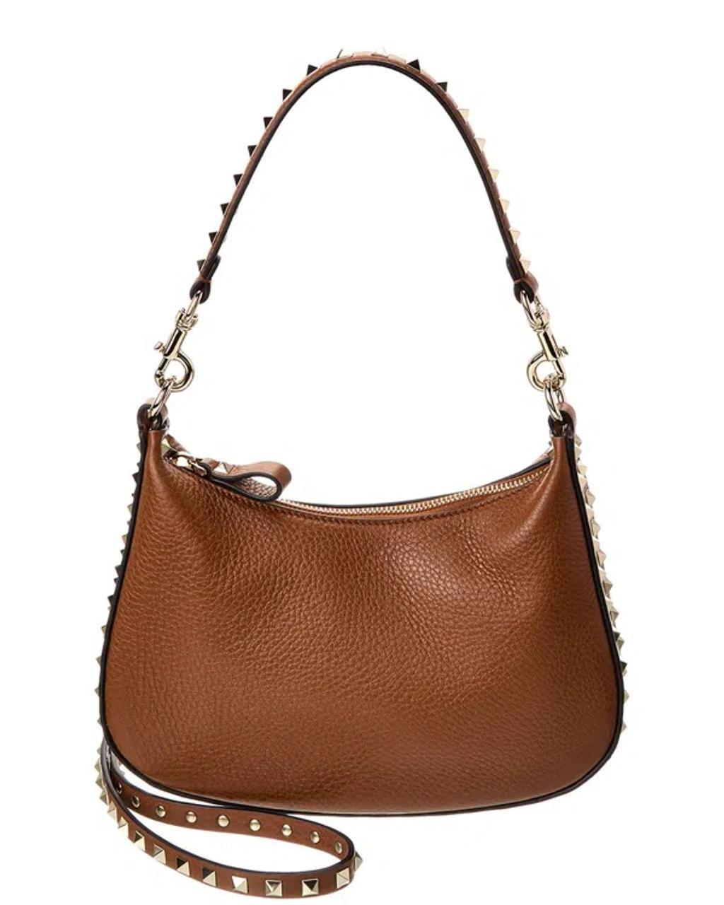 Valentino Rockstud Small Grainy Leather Hobo Bag In Beige Product Image