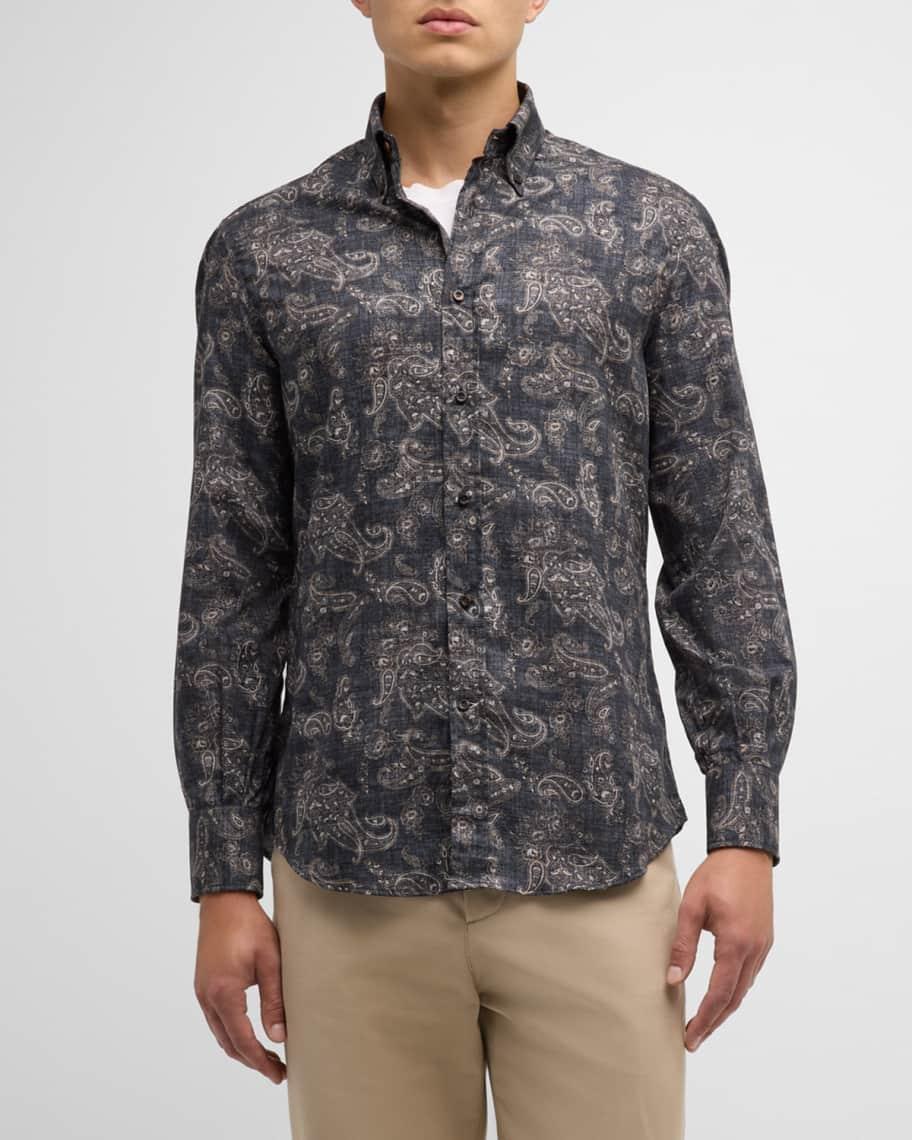 Men's Denim-Effect Paisley Casual Button-Down Shirt Product Image