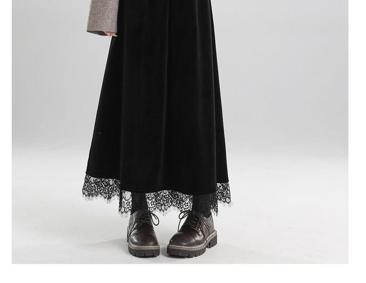 Elastic Waist Plain Velvet Lace Trim Midi A-Line Skirt Product Image