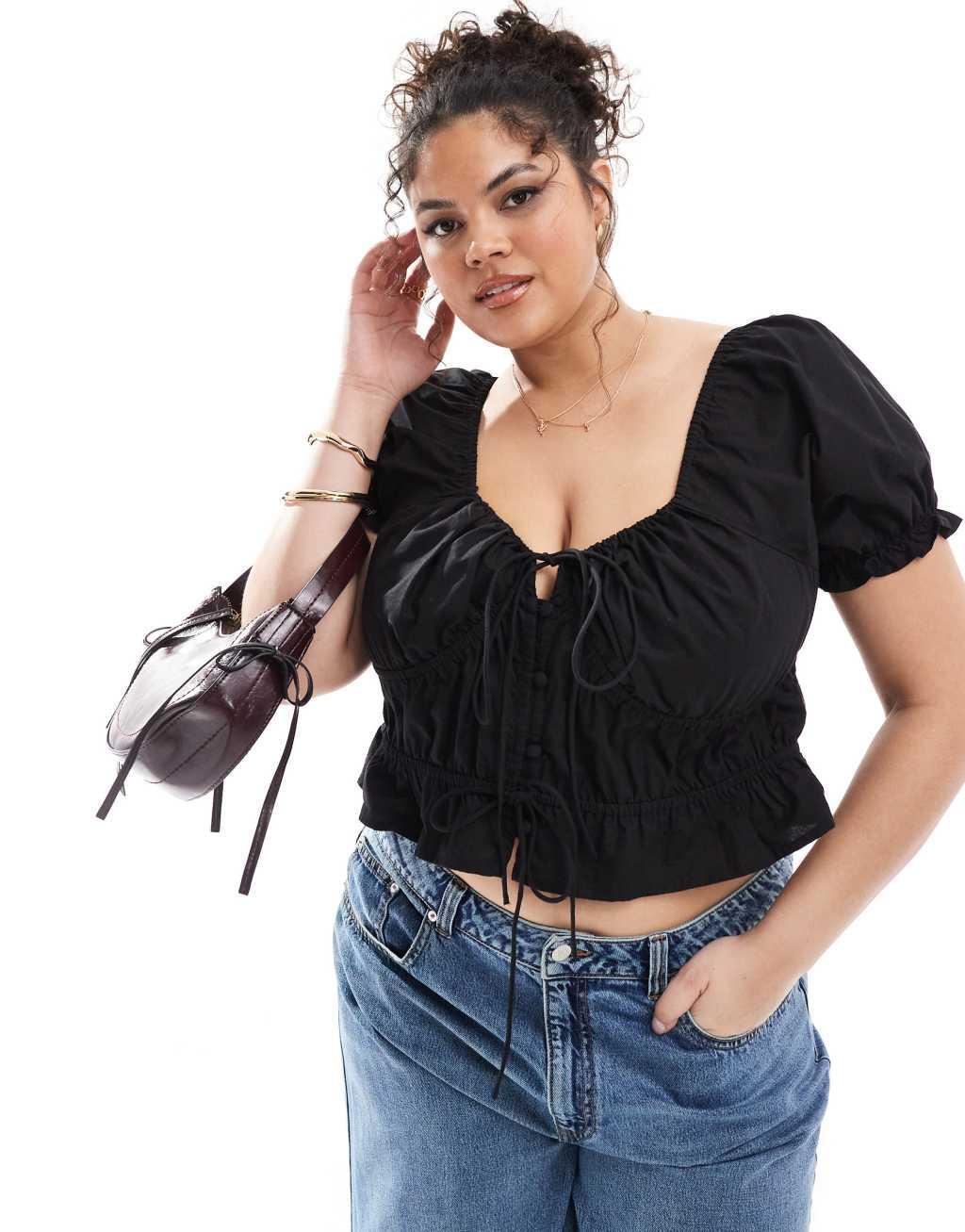 ASOS DESIGN Curve tie front milkmaid top with puff sleeves in black Product Image