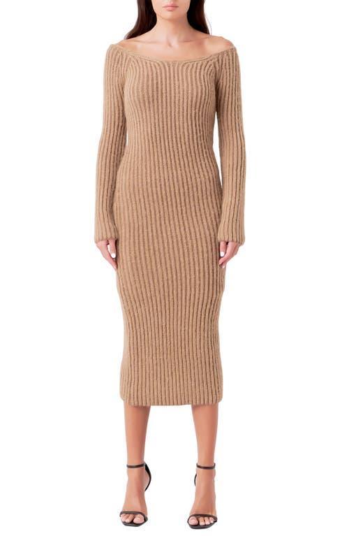 Endless Rose Long Sleeve Off the Shoulder Rib Midi Sweater Dress Product Image