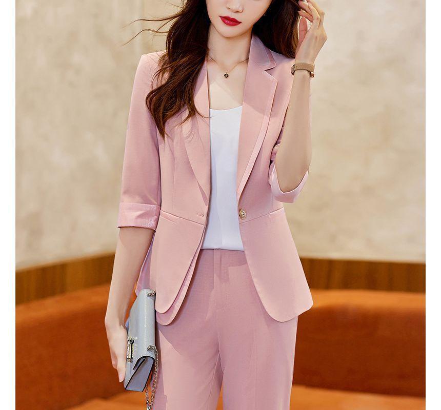 3/4-Sleeve Plain One-Buttoned Blazer / Crop Tapered Dress Pants Product Image