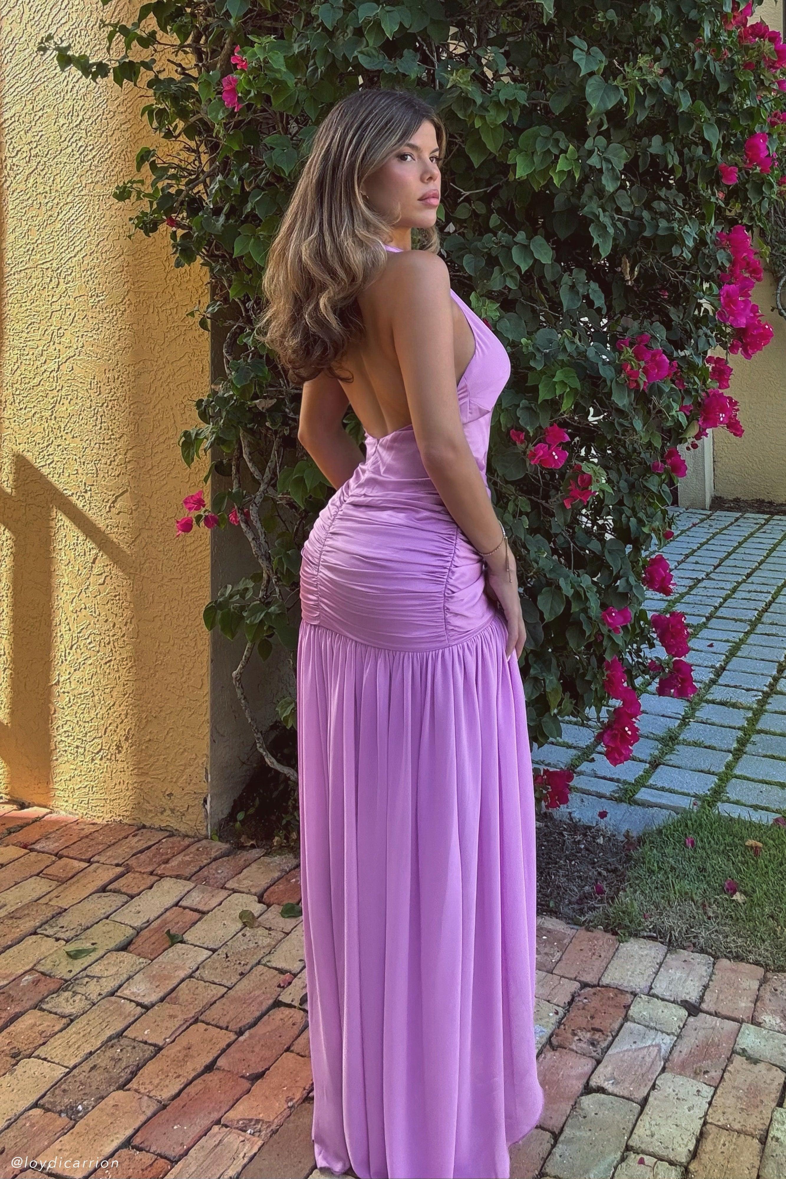 Graziana Satin Chiffon Plunge Maxi Dress - Violet Product Image