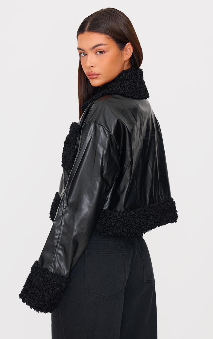 Black Borg Pocket Front Faux Leather Cropped Coat Product Image