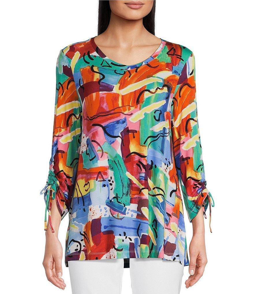 Ali Miles Knit Abstract Print V Neck 3/4 Cinch Sleeve Curved Hem Pullover Tunic Product Image