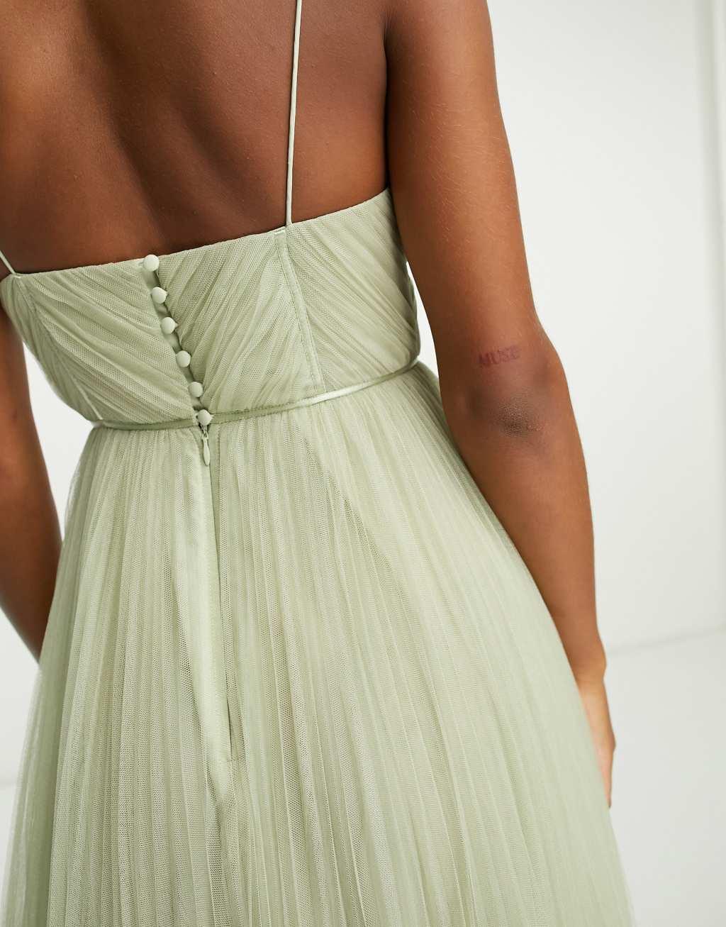 ASOS DESIGN Bridesmaid cami ruched bodice maxi dress with pleated skirt in sage Product Image