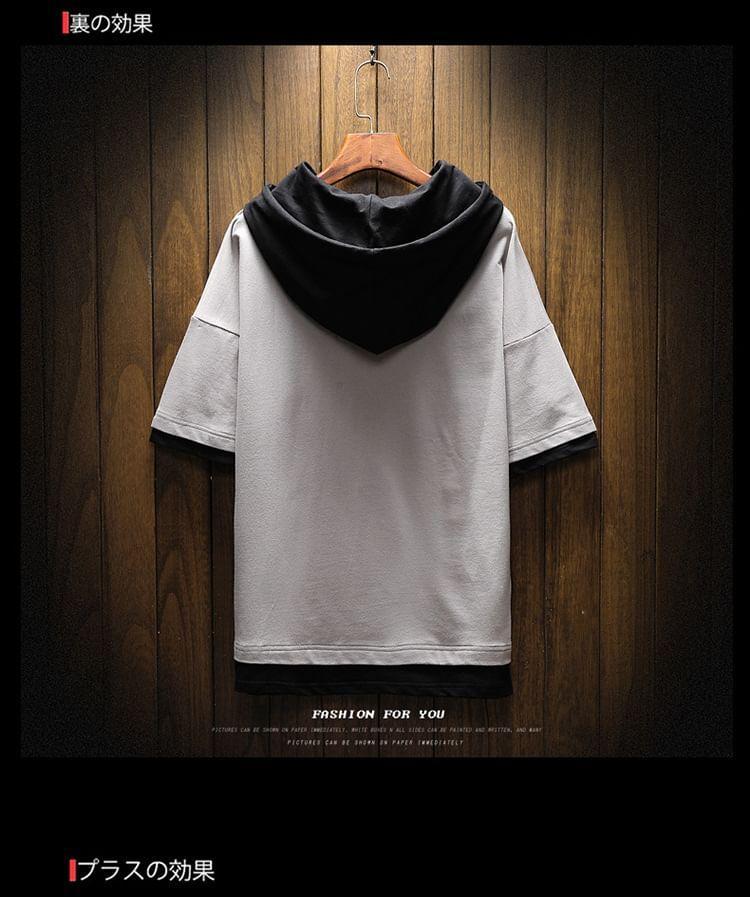 Short-Sleeve Two-Tone Hooded T-Shirt Product Image