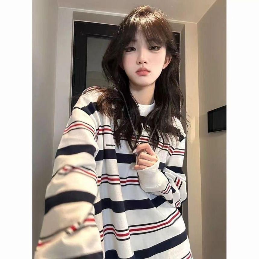 Crew Neck Striped Oversized Sweatshirt Product Image