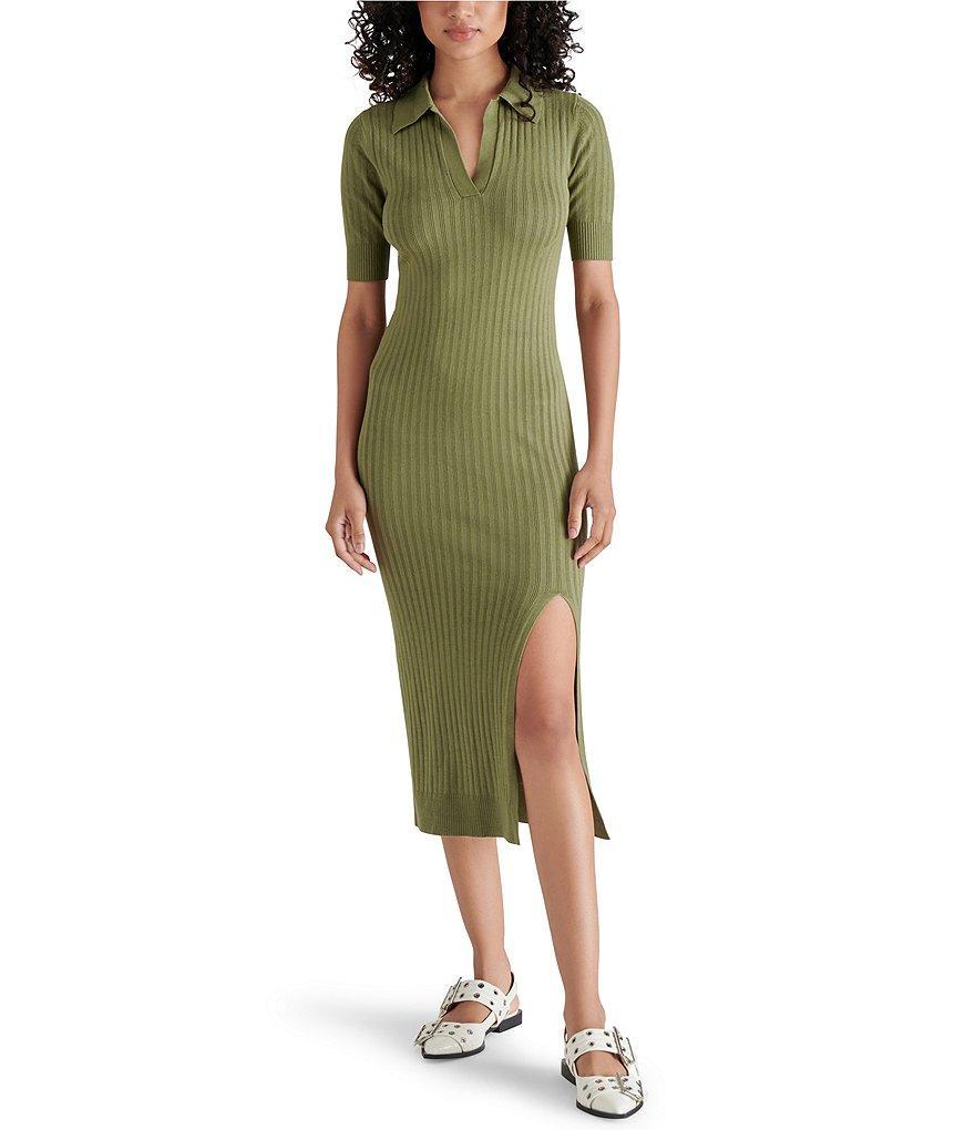 Steve Madden Lindy Rib Knit V Neck Short Sleeve Midi Dress Product Image