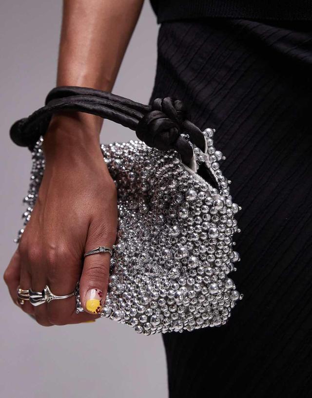 Topshop Gru embellished grab bag in silver beading Product Image