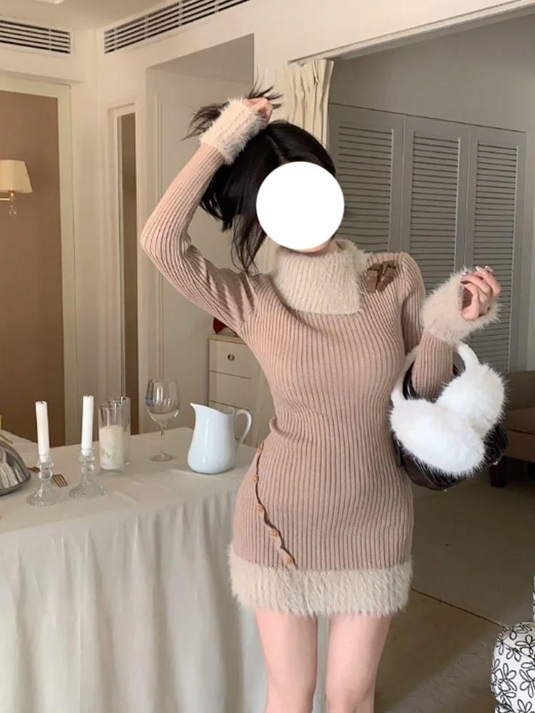 Long-Sleeve Two Tone Ribbed Mini Sheath Knit Dress Product Image