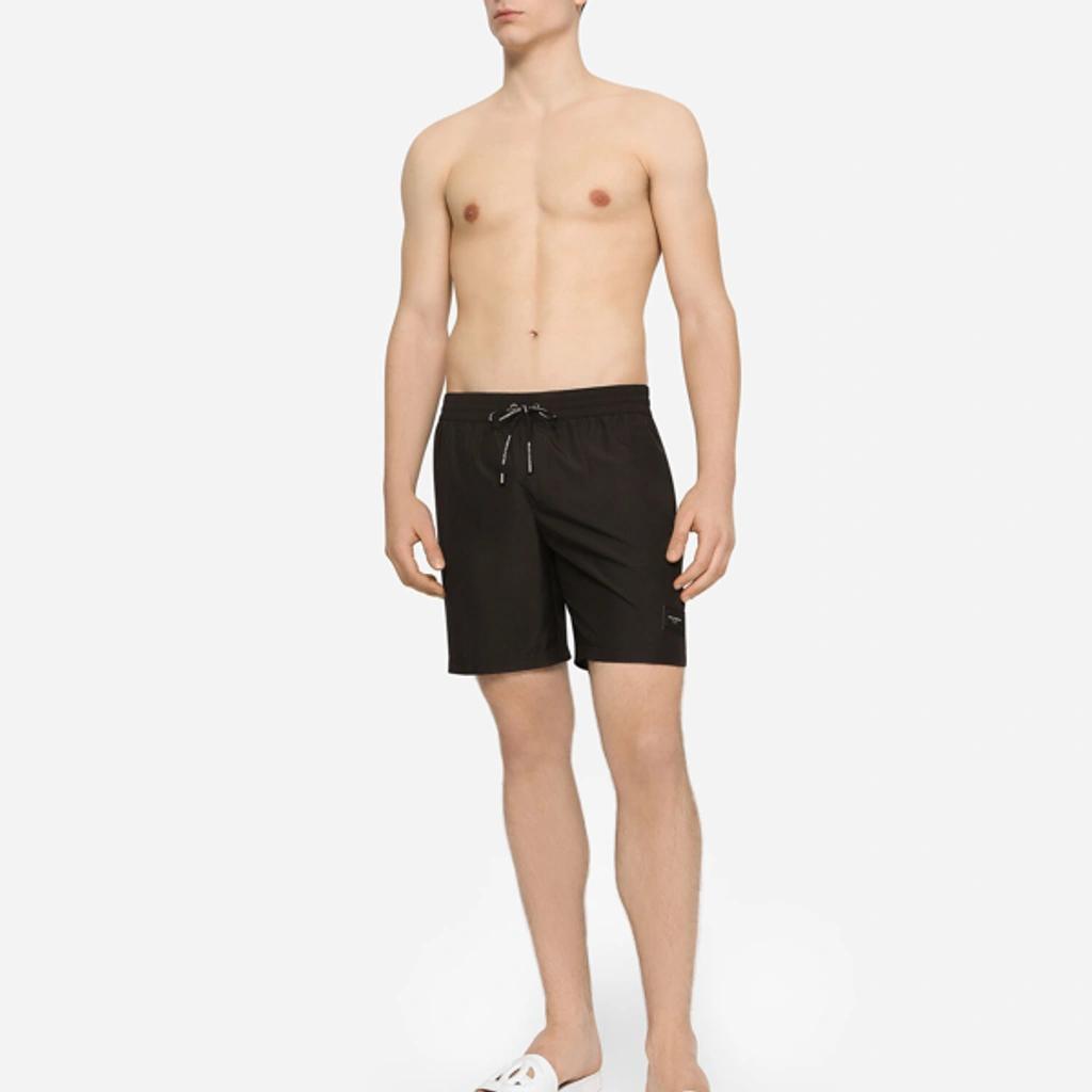 Mid-length Swim Trunks With Branded Plate In Black Product Image