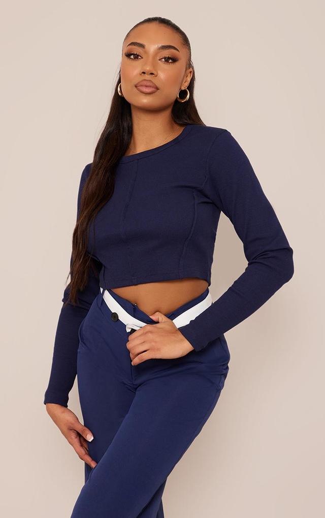 Tall Blue Soft Rib Open Seam Detail Long Sleeve Top Product Image