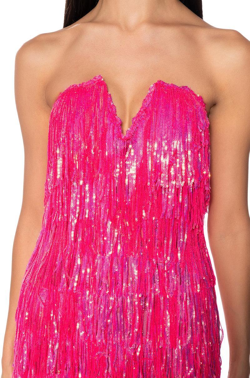 TOP OF THE WORLD STRAPLESS SEQUIN FRINGE MAXI DRESS IN FUCHSIA Product Image