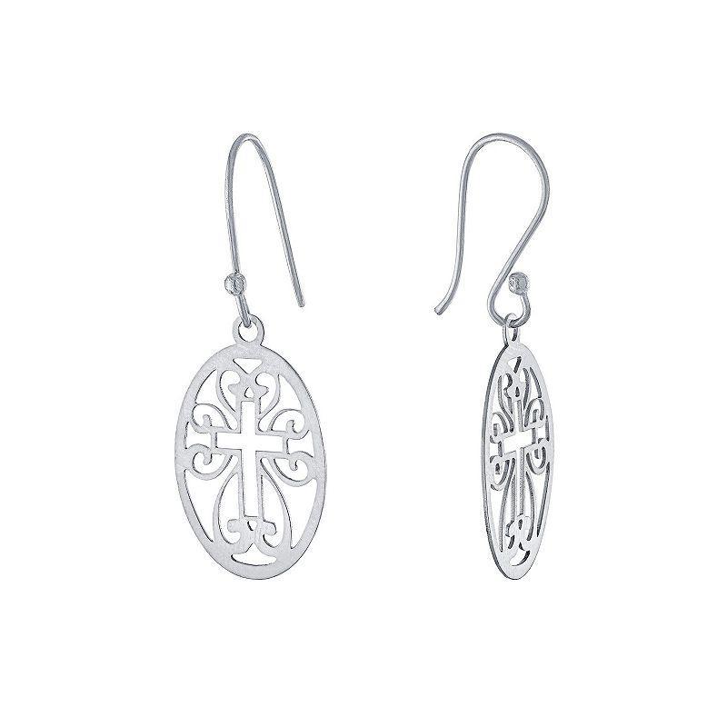 Main And Sterling Sterling Silver Laser Cut Cross Oval Drop Earrings, Womens Product Image