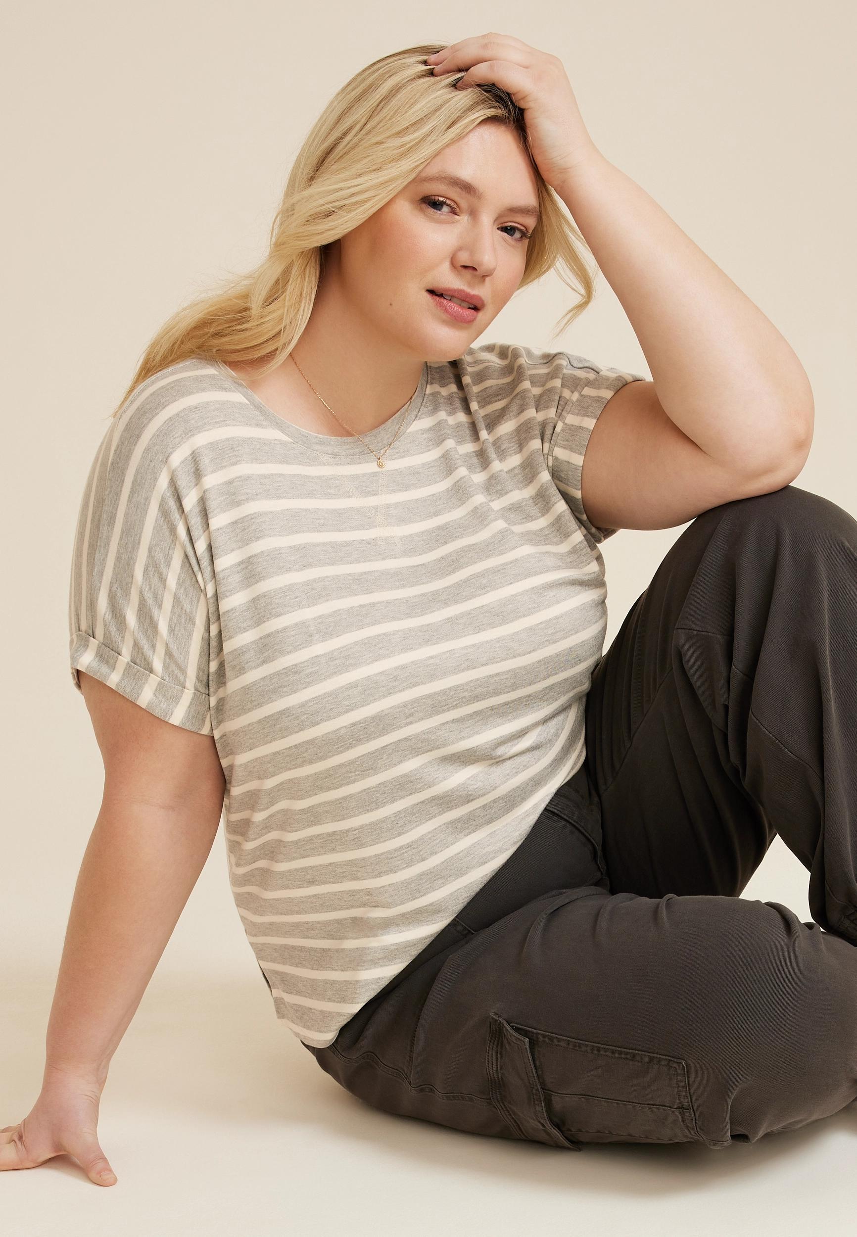 Maurices 4X Plus Size Womens 24/7 Clara Striped Short Sleeve Tee Gray Product Image