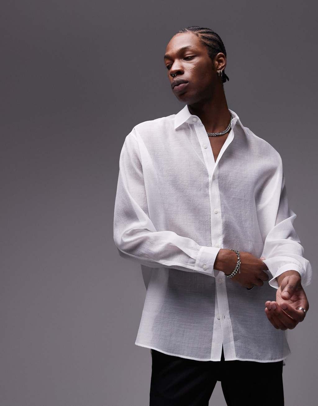 Topman long sleeve sheer shirt in white Product Image