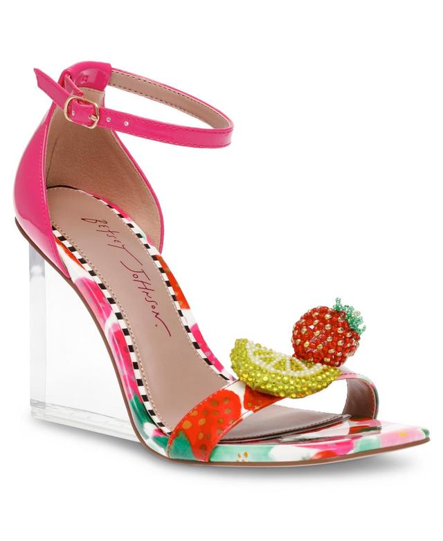 Betsey Johnson Womens Harlen Fruit Vinyl Two-Piece Wedge Sandals Product Image